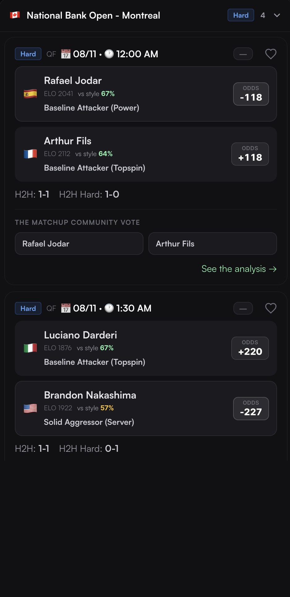 MatchUp Tennis on iPhone — mobile view of today’s matches